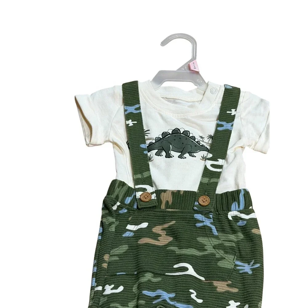 NWT Wonder Nation Baby Boys 0-3M‎ 2-Piece Outfit Set Dinosaur Shirt & Suspenders